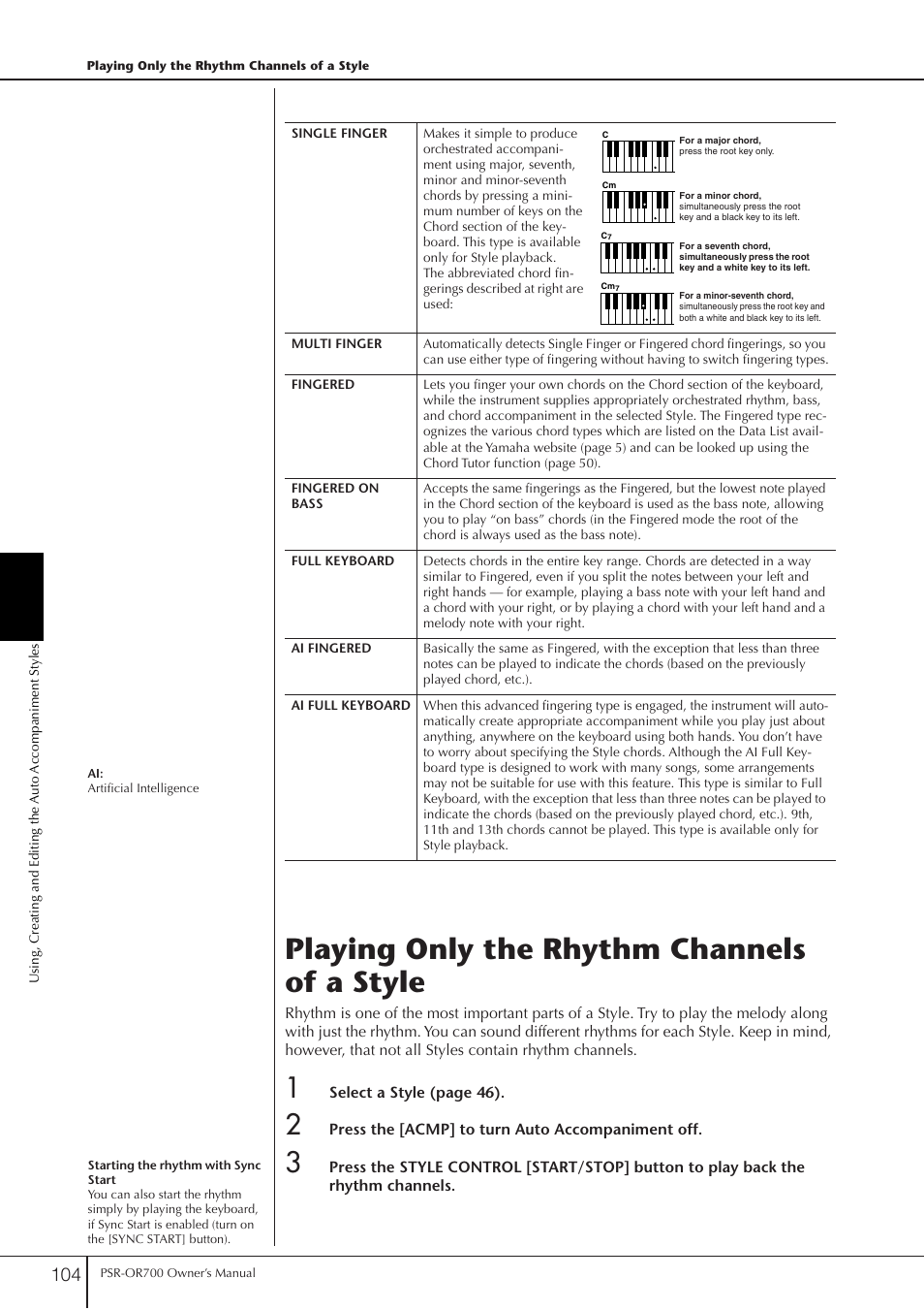 Playing only the rhythm channels of a style | Yamaha PORTATONE PSR-OR700 User Manual | Page 104 / 196