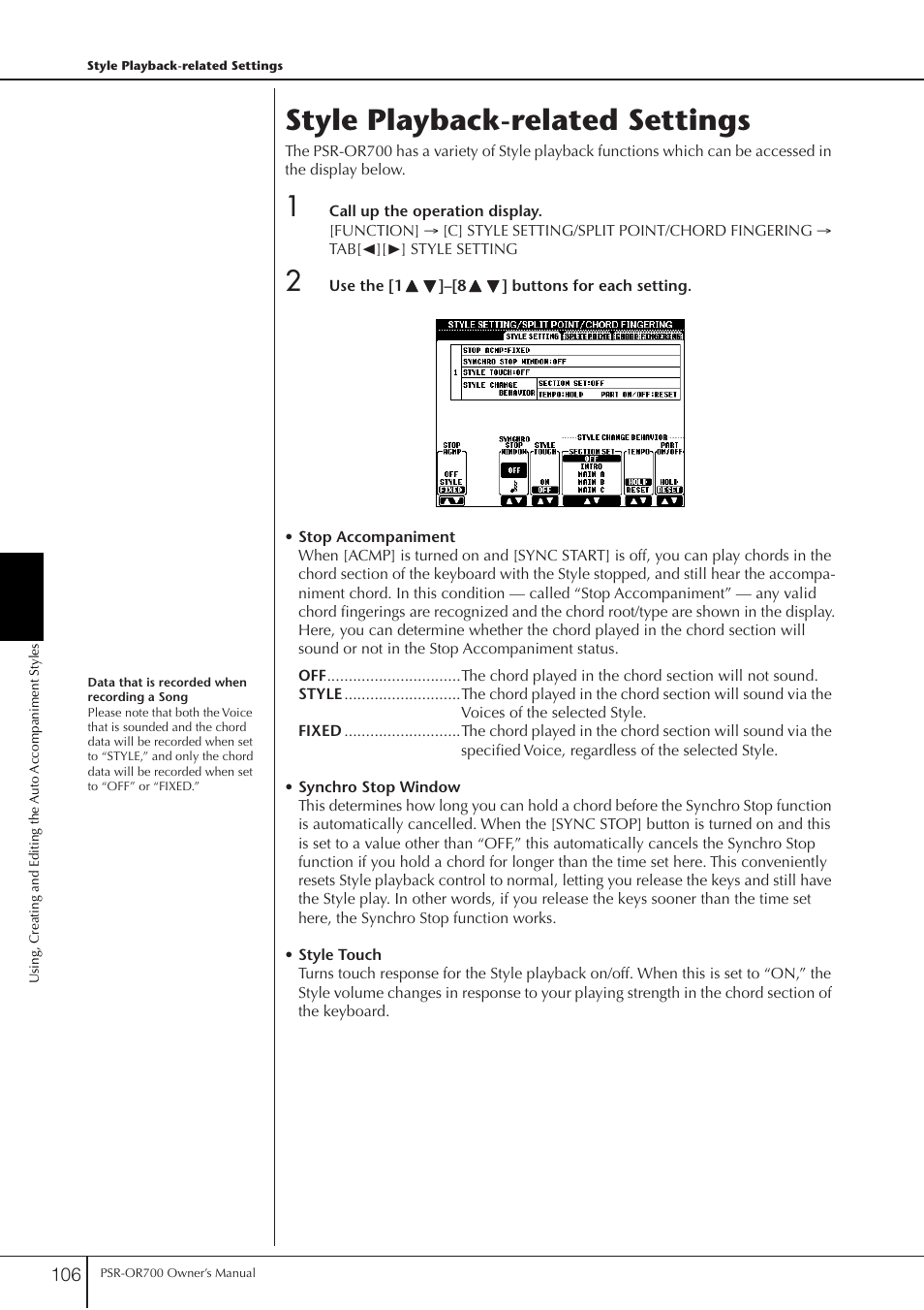 Style playback-related settings | Yamaha PORTATONE PSR-OR700 User Manual | Page 106 / 196