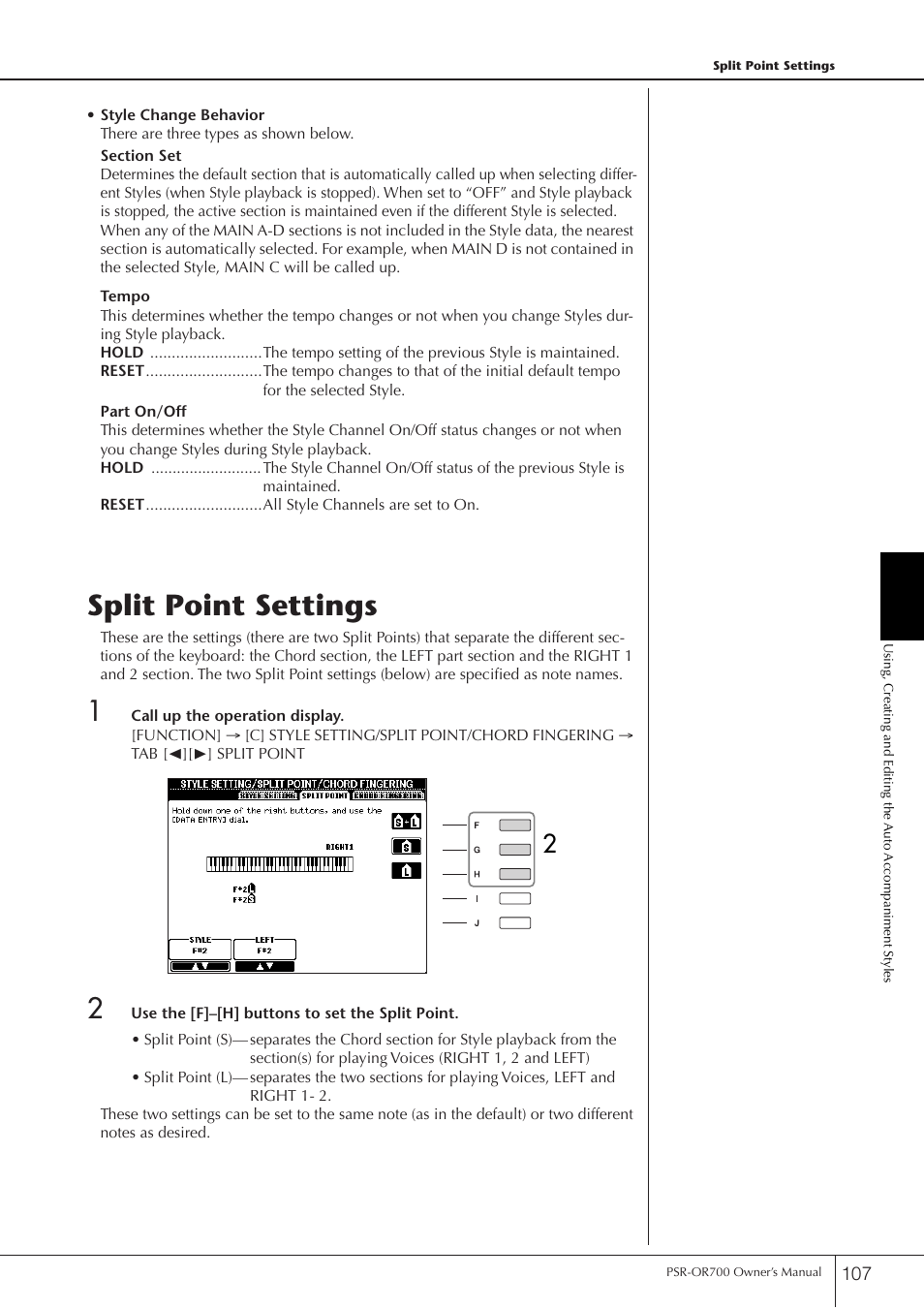 Split point settings | Yamaha PORTATONE PSR-OR700 User Manual | Page 107 / 196