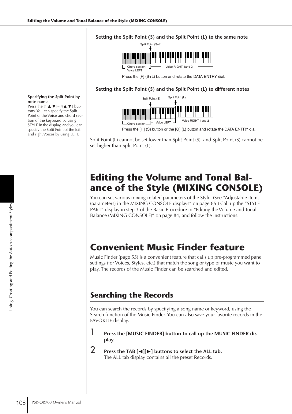 Convenient music finder feature, Searching the records | Yamaha PORTATONE PSR-OR700 User Manual | Page 108 / 196