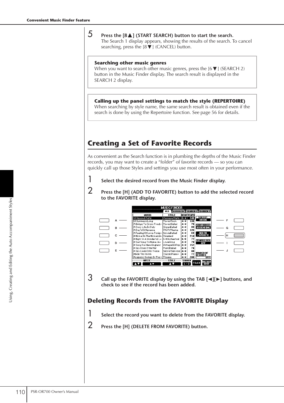 Creating a set of favorite records | Yamaha PORTATONE PSR-OR700 User Manual | Page 110 / 196