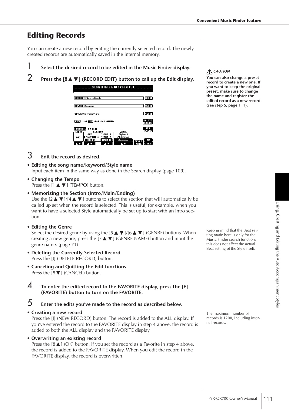 Editing records | Yamaha PORTATONE PSR-OR700 User Manual | Page 111 / 196