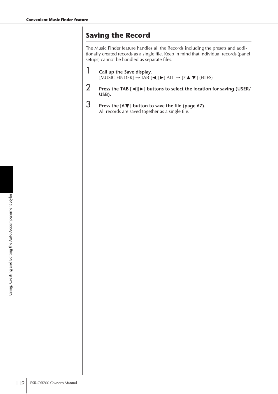 Saving the record | Yamaha PORTATONE PSR-OR700 User Manual | Page 112 / 196