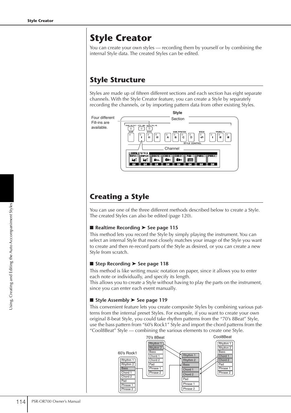 Style creator, Style structure, Creating a style | Style structure creating a style | Yamaha PORTATONE PSR-OR700 User Manual | Page 114 / 196