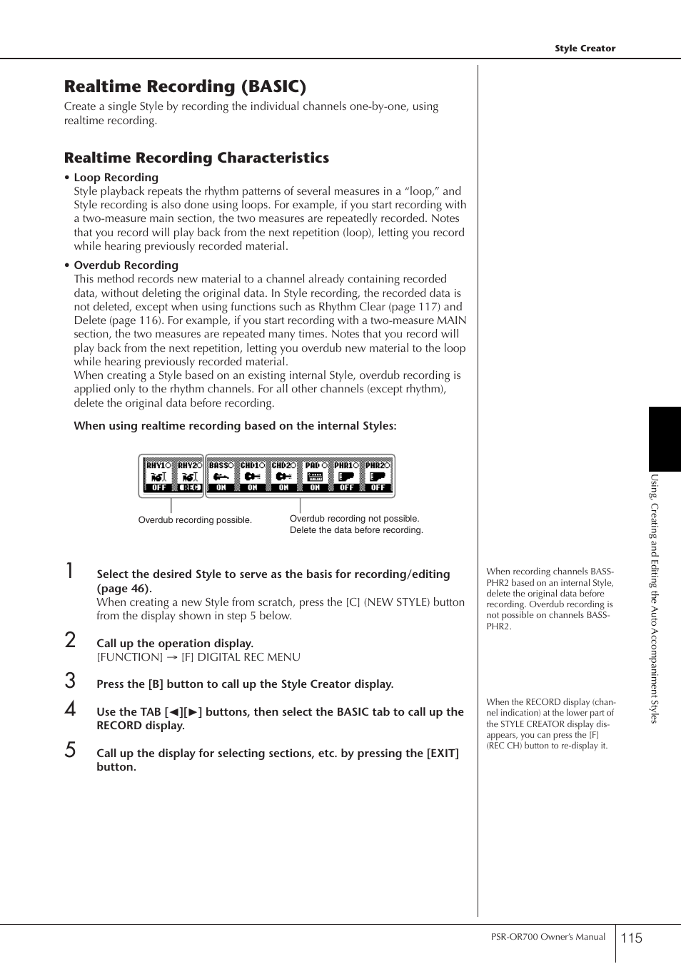 Realtime recording (basic) | Yamaha PORTATONE PSR-OR700 User Manual | Page 115 / 196