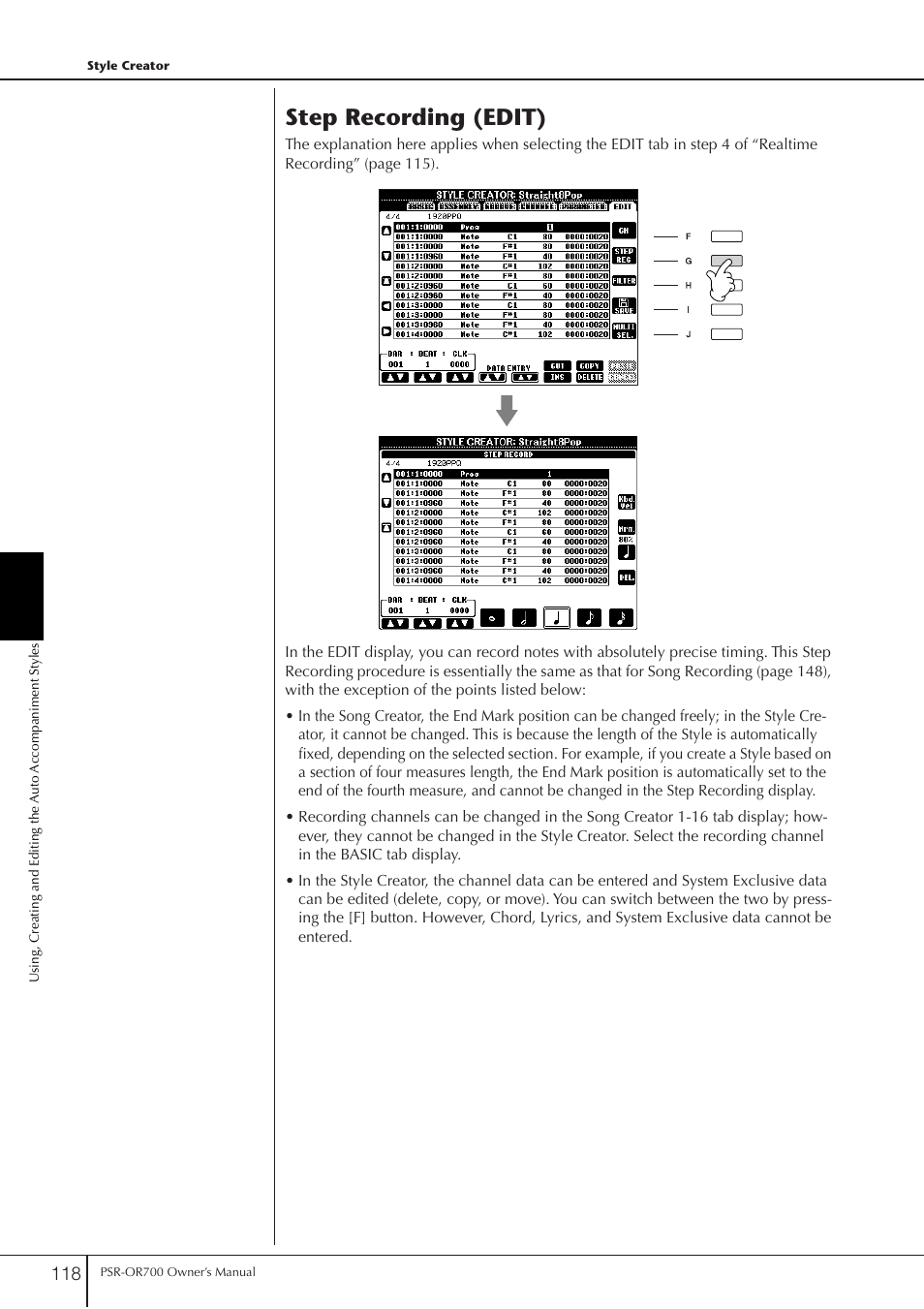 Step recording (edit) | Yamaha PORTATONE PSR-OR700 User Manual | Page 118 / 196