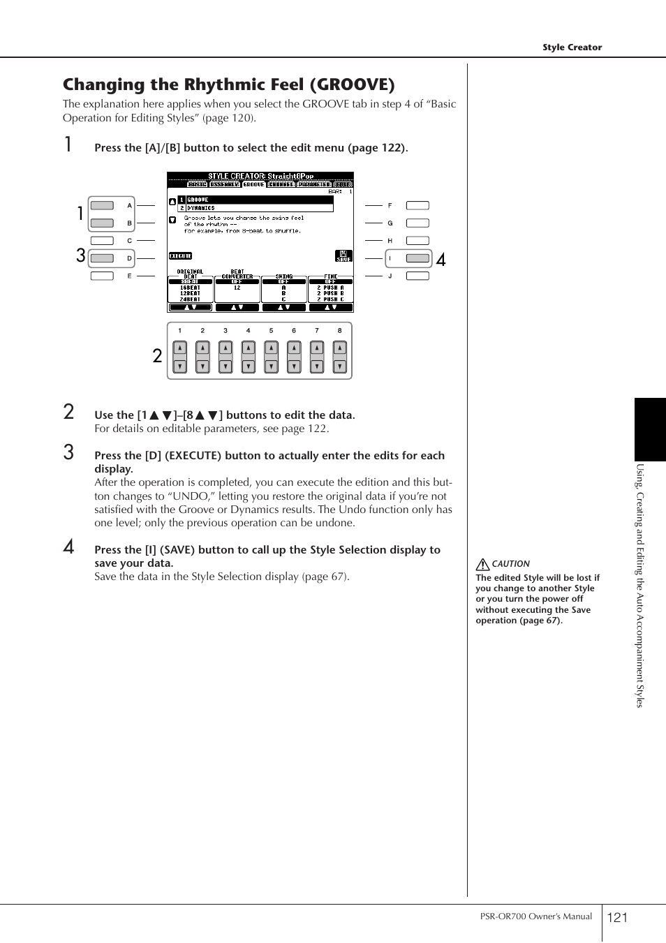 Changing the rhythmic feel (groove) | Yamaha PORTATONE PSR-OR700 User Manual | Page 121 / 196