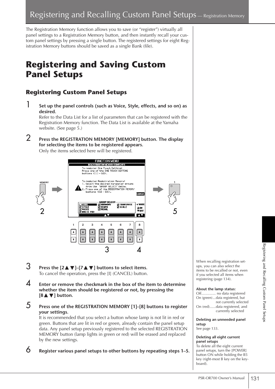 Registering and saving custom panel setups, P. 131, Registering and recalling custom panel setups | Yamaha PORTATONE PSR-OR700 User Manual | Page 131 / 196