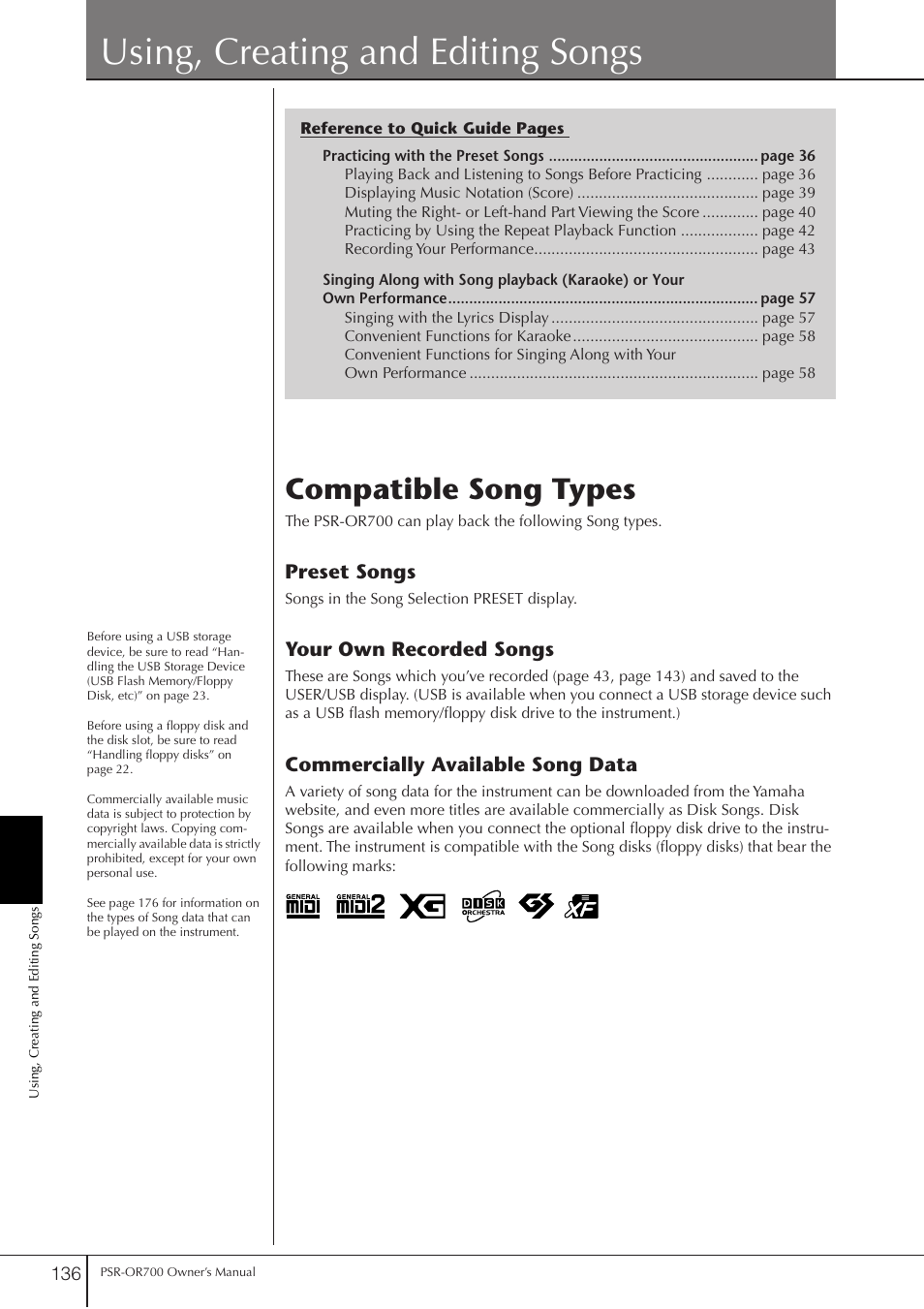 Using, creating and editing songs, Compatible song types | Yamaha PORTATONE PSR-OR700 User Manual | Page 136 / 196