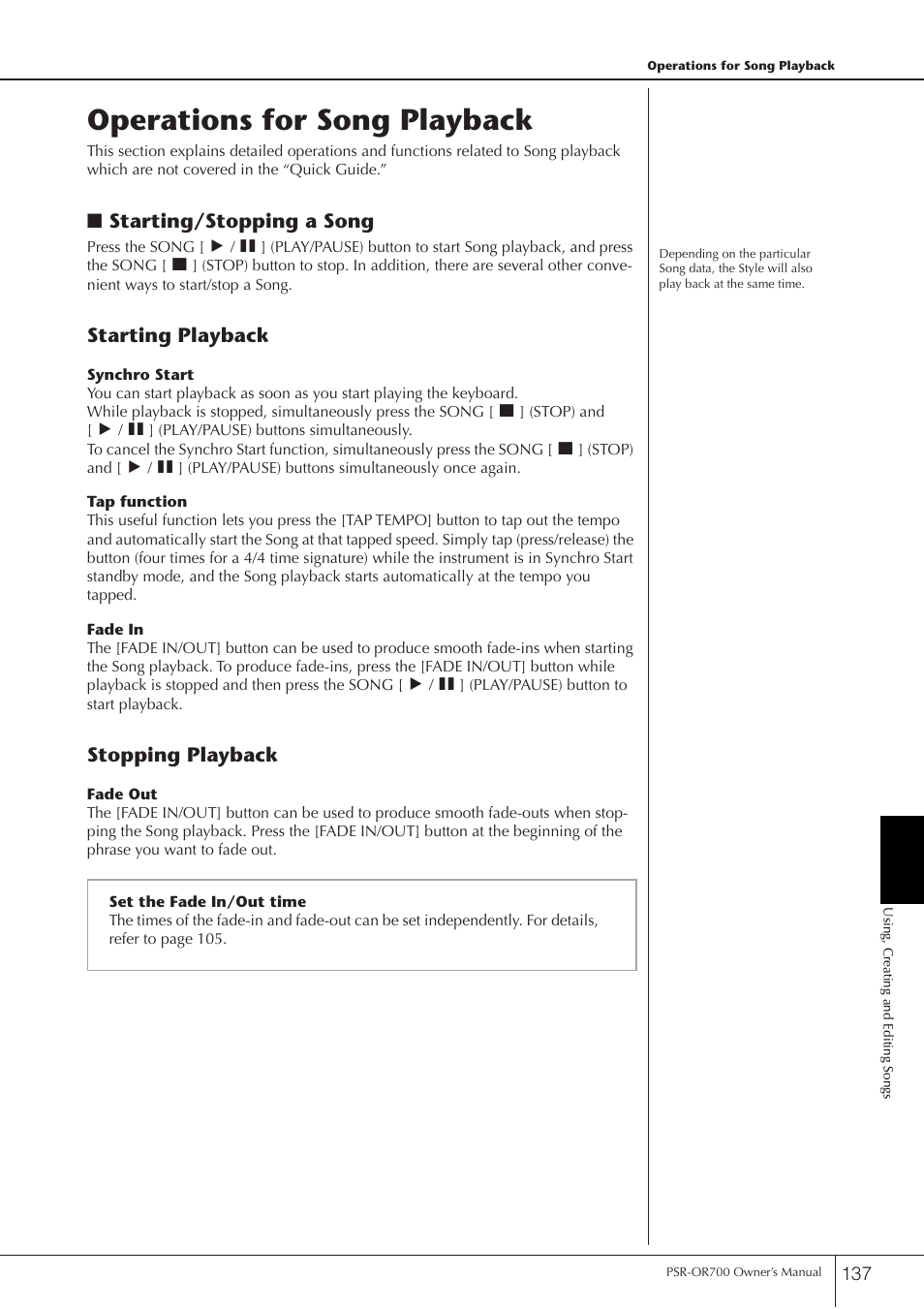 Operations for song playback, Starting/stopping a song, Starting playback | Stopping playback | Yamaha PORTATONE PSR-OR700 User Manual | Page 137 / 196