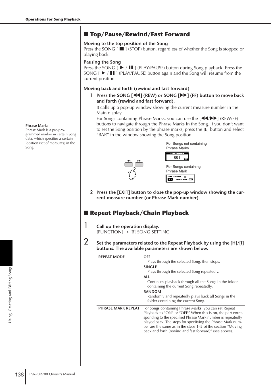 P. 138, Top/pause/rewind/fast forward, Repeat playback/chain playback | Yamaha PORTATONE PSR-OR700 User Manual | Page 138 / 196