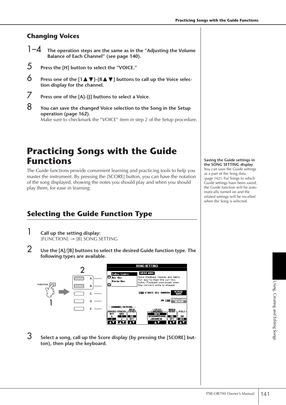 Practicing songs with the guide functions, Selecting the guide function type | Yamaha PORTATONE PSR-OR700 User Manual | Page 141 / 196