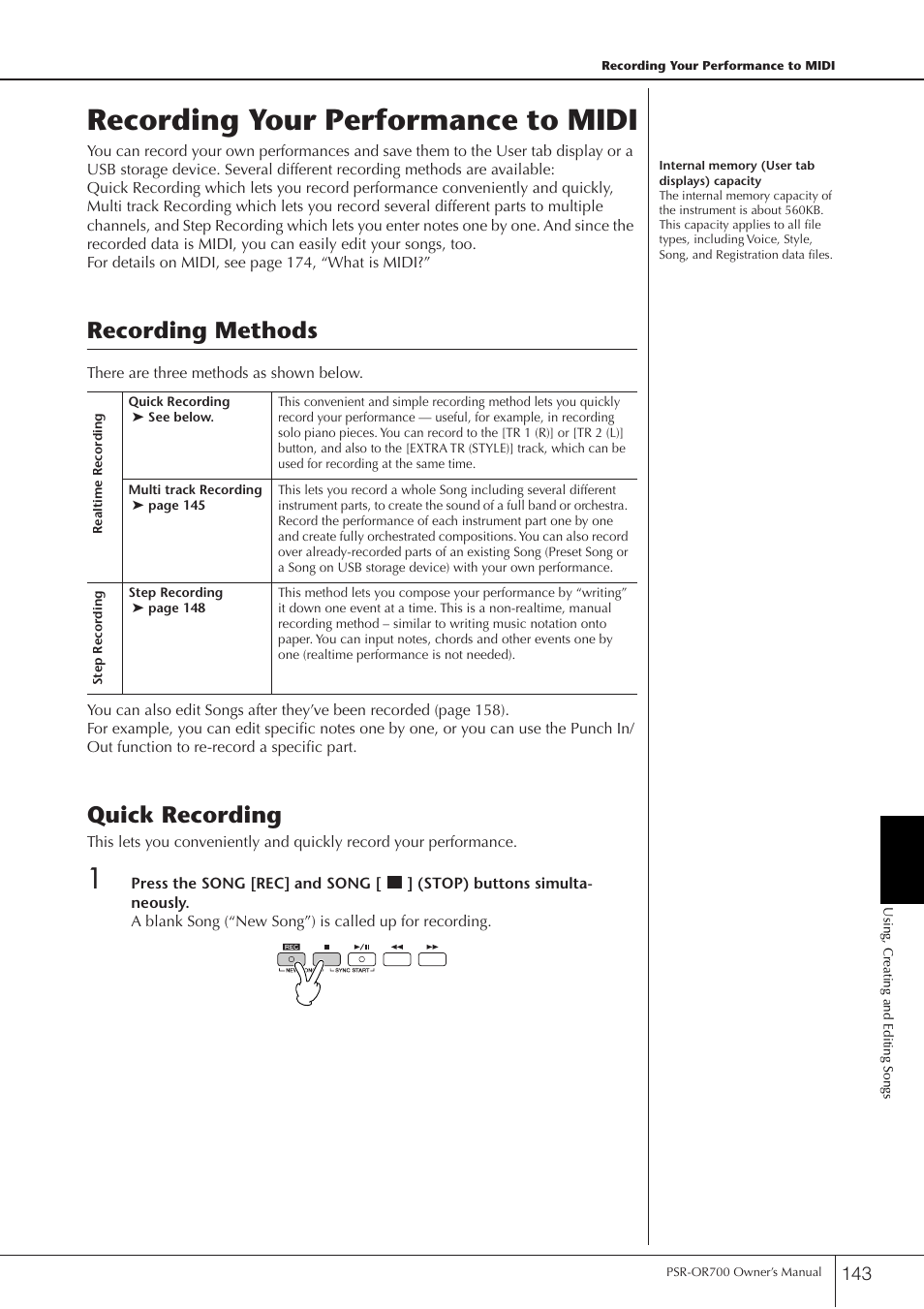 Recording your performance to midi, Recording methods, P. 143 | Quick recording | Yamaha PORTATONE PSR-OR700 User Manual | Page 143 / 196