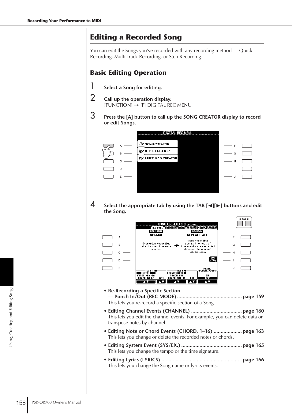 Editing a recorded song | Yamaha PORTATONE PSR-OR700 User Manual | Page 158 / 196