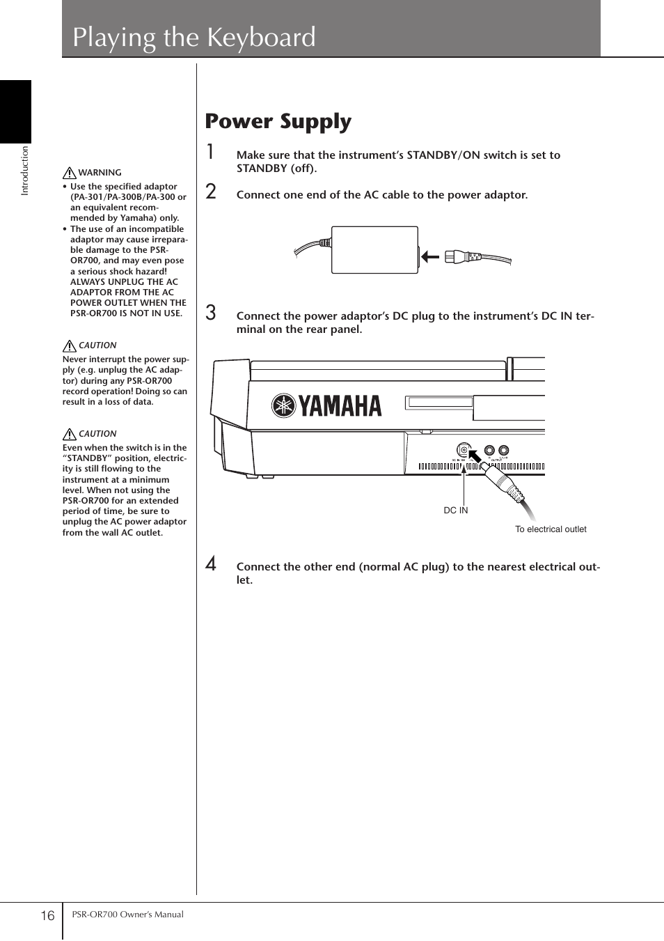 Playing the keyboard, Power supply, P. 16 | Yamaha PORTATONE PSR-OR700 User Manual | Page 16 / 196