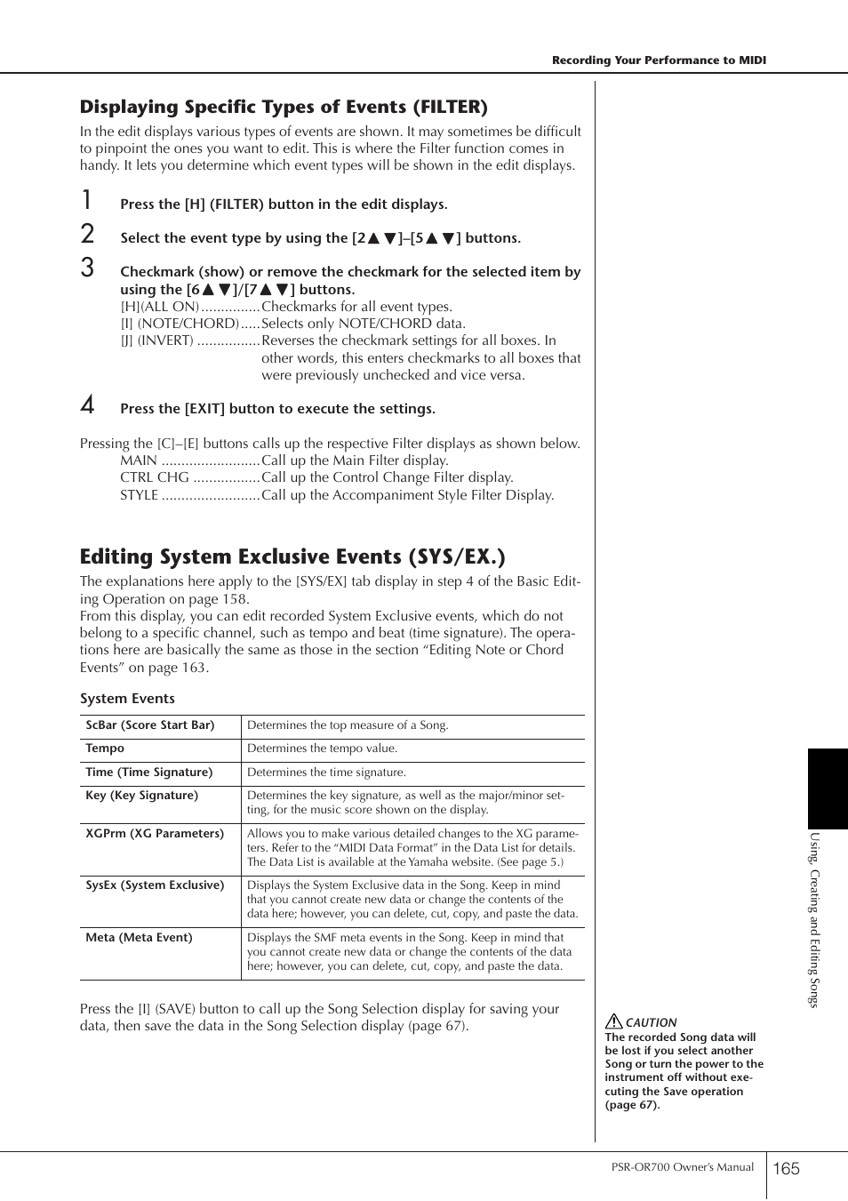 Editing system exclusive events (sys/ex.), Displaying specific types of events (filter) | Yamaha PORTATONE PSR-OR700 User Manual | Page 165 / 196