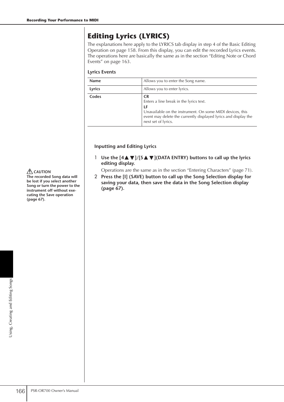 Editing lyrics (lyrics) | Yamaha PORTATONE PSR-OR700 User Manual | Page 166 / 196