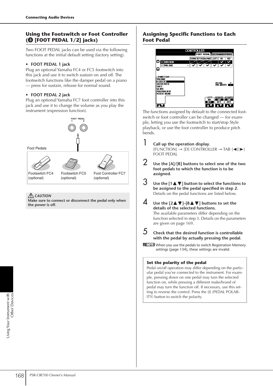 Assigning specific functions to each foot pedal, Using the footswitch or foot controller, P. 168 | Yamaha PORTATONE PSR-OR700 User Manual | Page 168 / 196