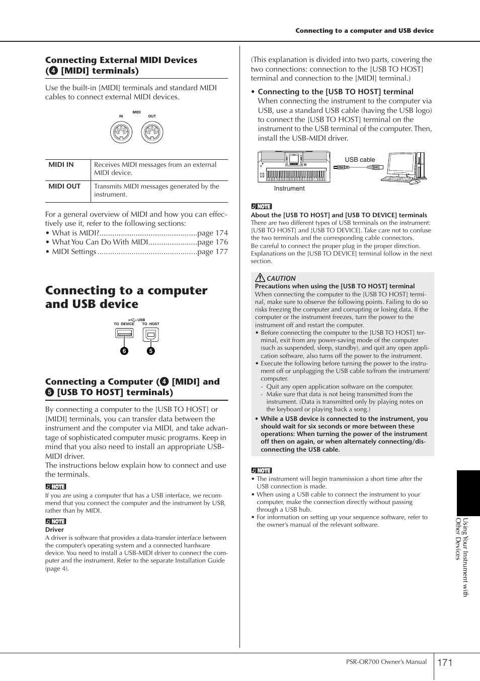 Connecting to a computer and usb device, Connecting external midi devices, Connecting a computer | P. 171 | Yamaha PORTATONE PSR-OR700 User Manual | Page 171 / 196