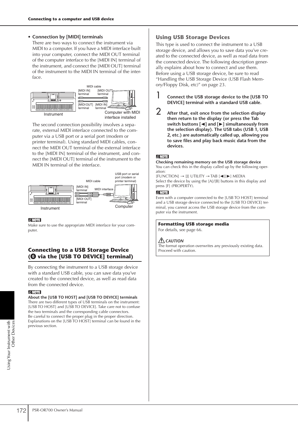 Connecting to a usb storage device, P. 172, Using usb storage devices | Yamaha PORTATONE PSR-OR700 User Manual | Page 172 / 196