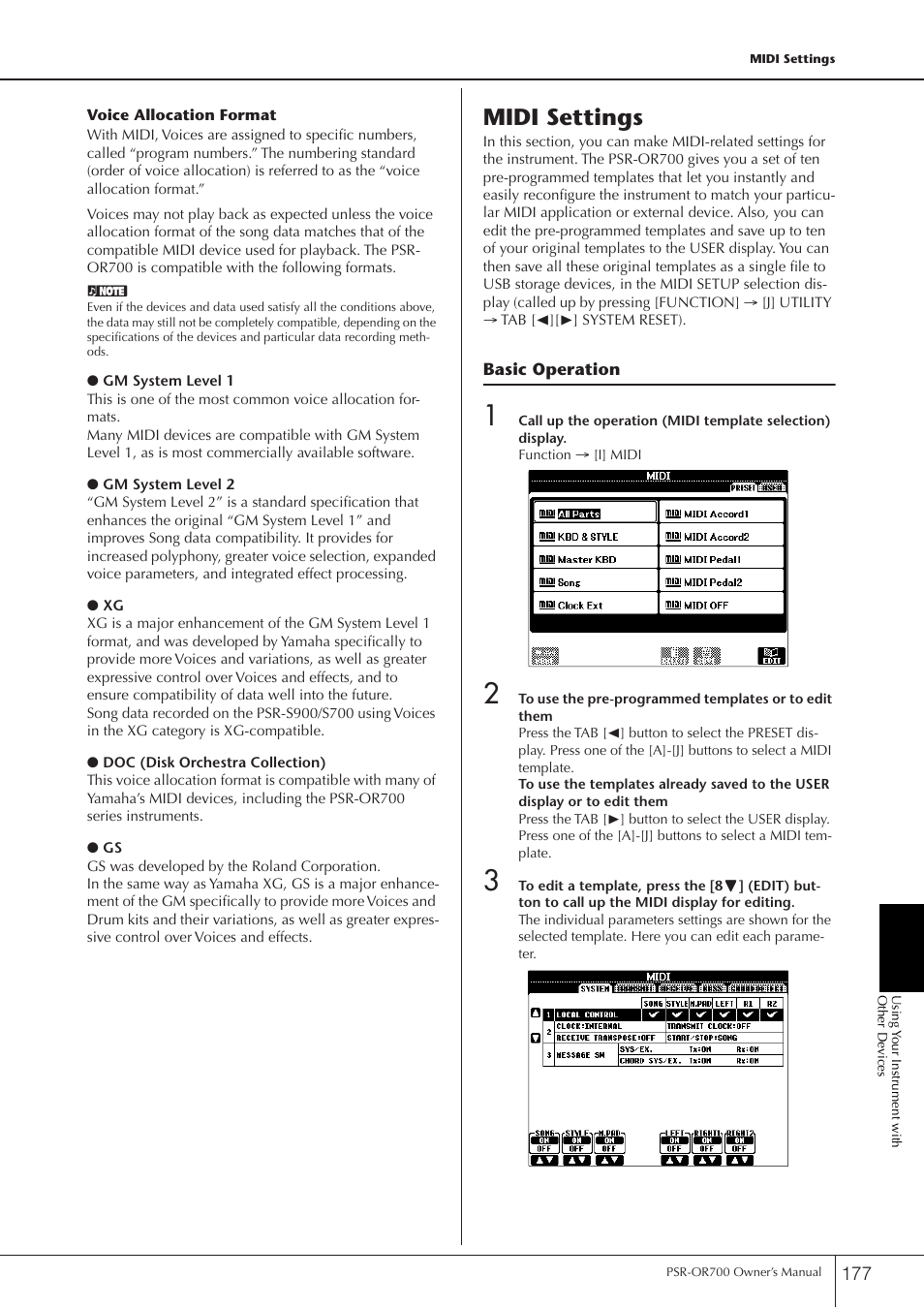 Midi settings, Basic operation | Yamaha PORTATONE PSR-OR700 User Manual | Page 177 / 196