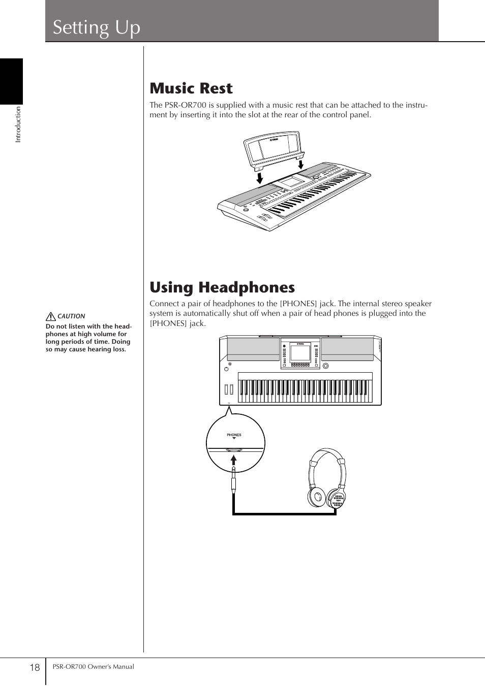 Setting up, Music rest, Using headphones | Music rest using headphones, P. 18 | Yamaha PORTATONE PSR-OR700 User Manual | Page 18 / 196