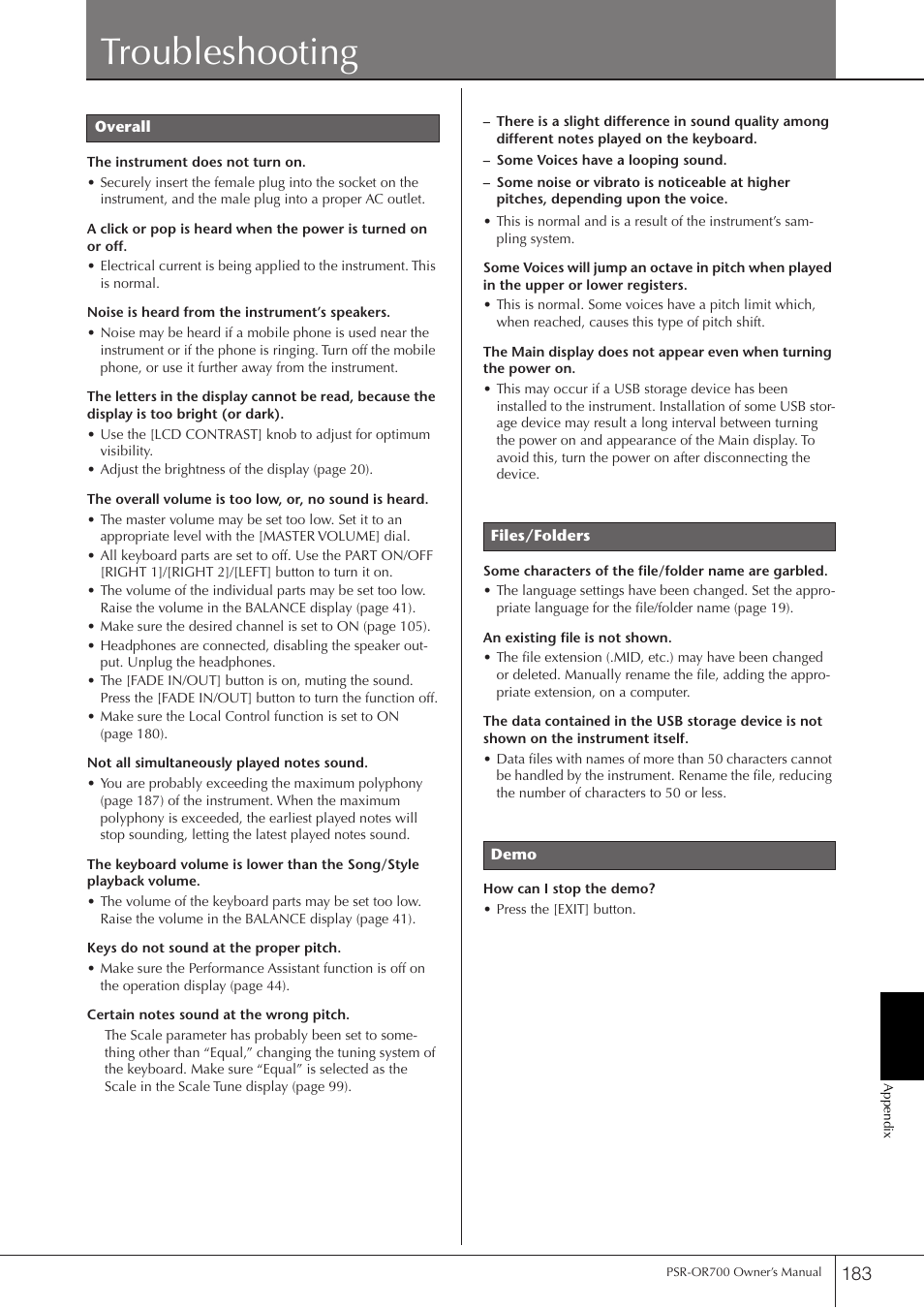 Troubleshooting, Appendix | Yamaha PORTATONE PSR-OR700 User Manual | Page 183 / 196