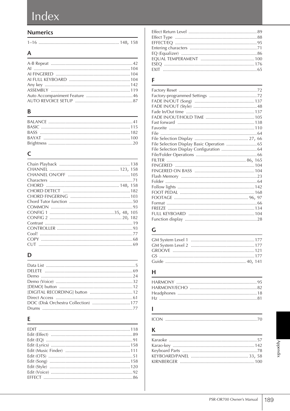 Index | Yamaha PORTATONE PSR-OR700 User Manual | Page 189 / 196