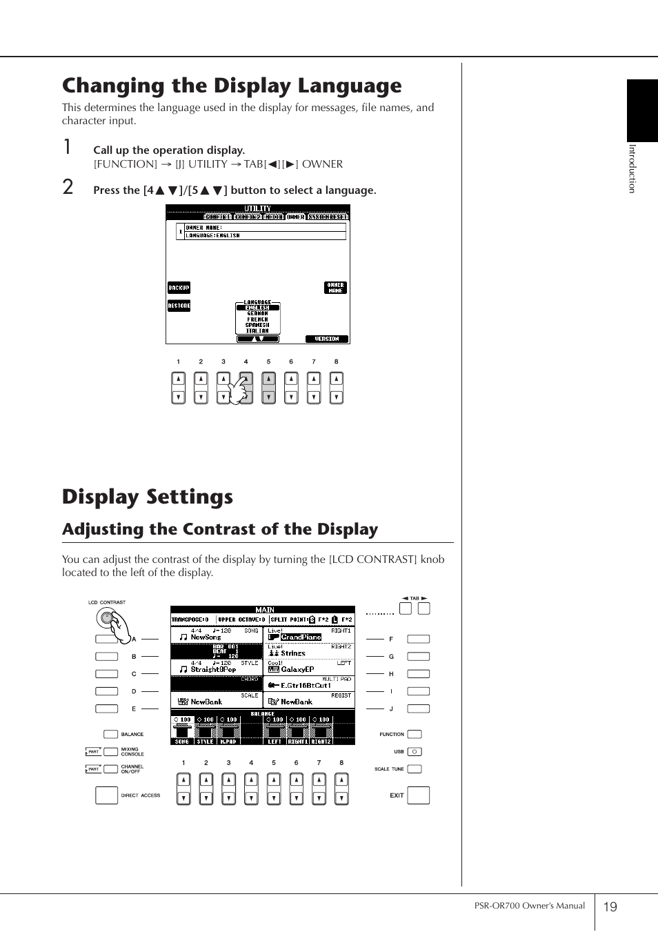 Changing the display language, Display settings, Changing the display language display settings | P. 19, Adjusting the contrast of the display | Yamaha PORTATONE PSR-OR700 User Manual | Page 19 / 196