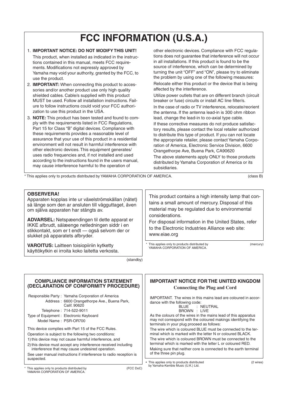 Fcc information (u.s.a.) | Yamaha PORTATONE PSR-OR700 User Manual | Page 194 / 196