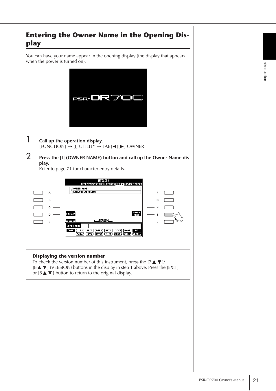 Entering the owner name in the opening dis- play | Yamaha PORTATONE PSR-OR700 User Manual | Page 21 / 196