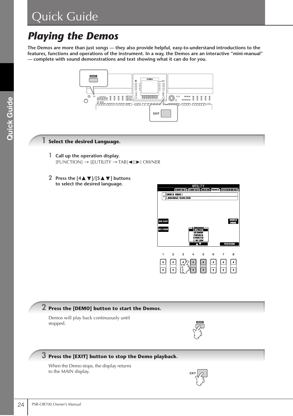 Quick guide, Playing the demos, P. 24 | Quic k guide | Yamaha PORTATONE PSR-OR700 User Manual | Page 24 / 196
