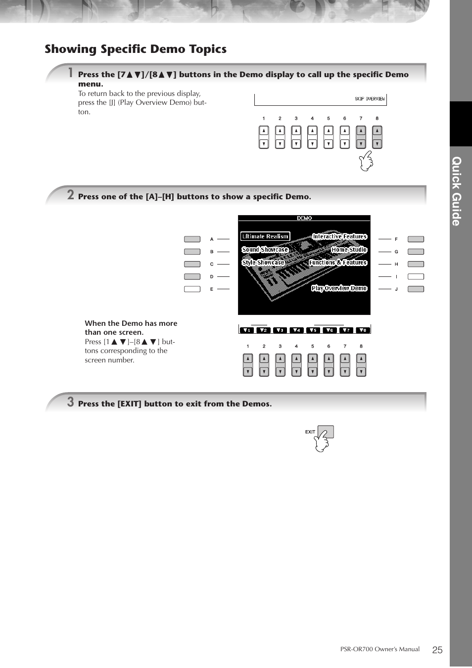Quic k guide, Showing specific demo topics | Yamaha PORTATONE PSR-OR700 User Manual | Page 25 / 196