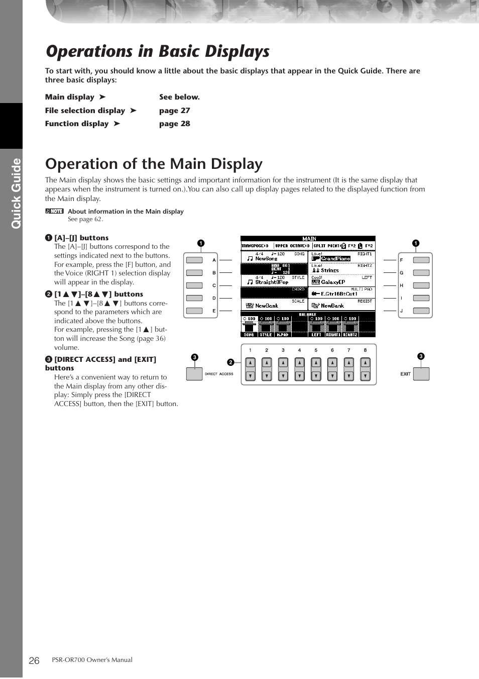 Operations in basic displays, Operation of the main display, P. 26 | Quic k guide | Yamaha PORTATONE PSR-OR700 User Manual | Page 26 / 196