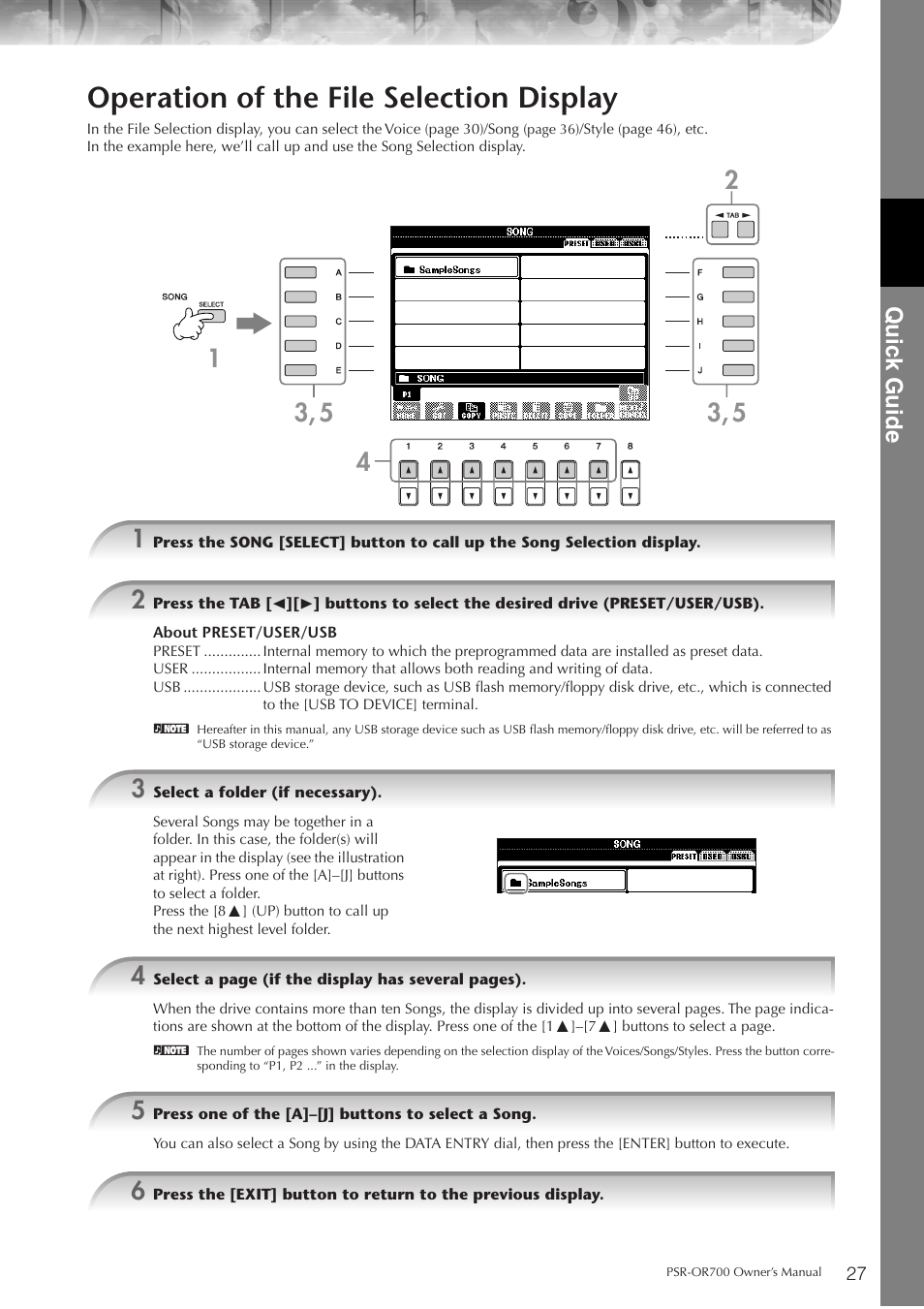 Operation of the file selection display, P. 27, Quic k guide | Yamaha PORTATONE PSR-OR700 User Manual | Page 27 / 196