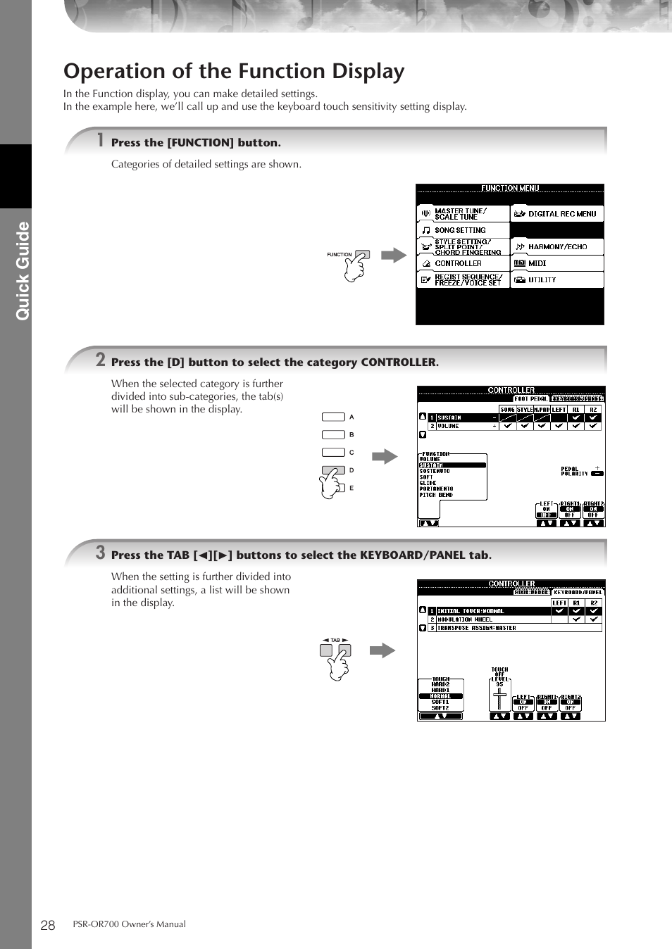 Operation of the function display, P. 28, Quic k guide | Yamaha PORTATONE PSR-OR700 User Manual | Page 28 / 196