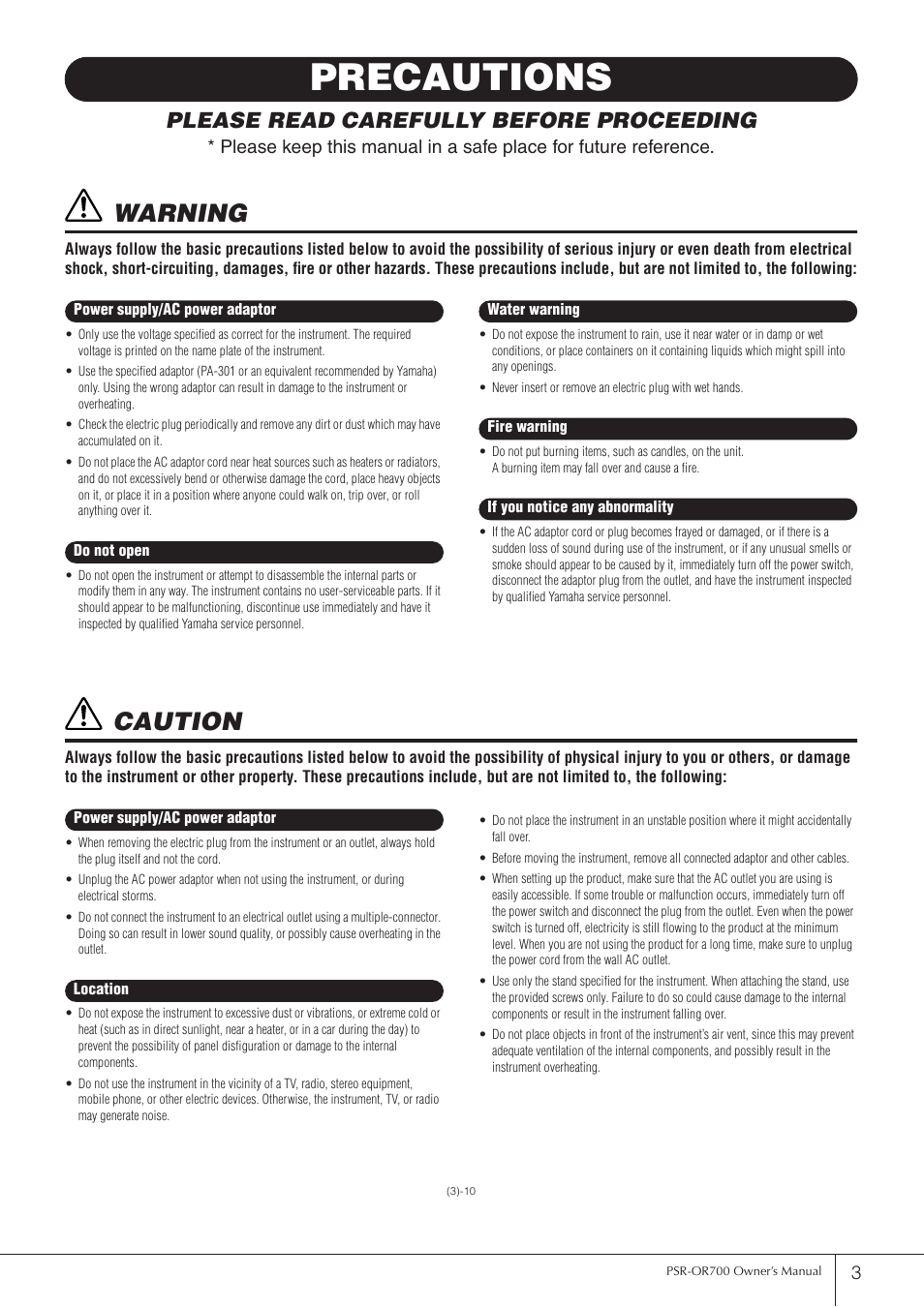 Precautions, Please read carefully before proceeding, Warning | Caution | Yamaha PORTATONE PSR-OR700 User Manual | Page 3 / 196