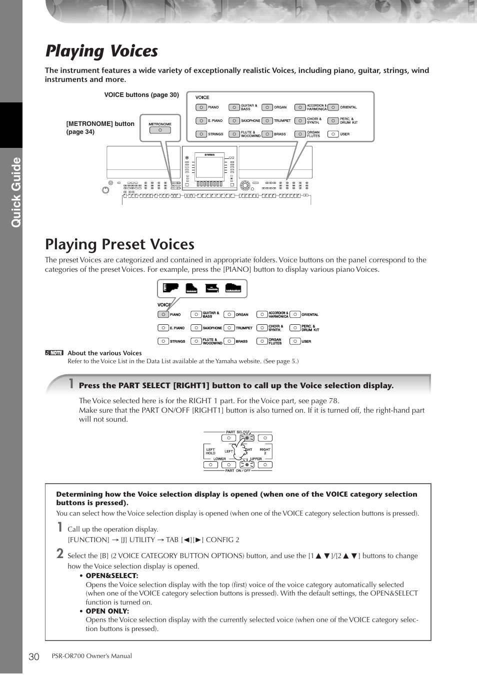 Playing voices, Playing preset voices, P. 30 | Quic k guide | Yamaha PORTATONE PSR-OR700 User Manual | Page 30 / 196