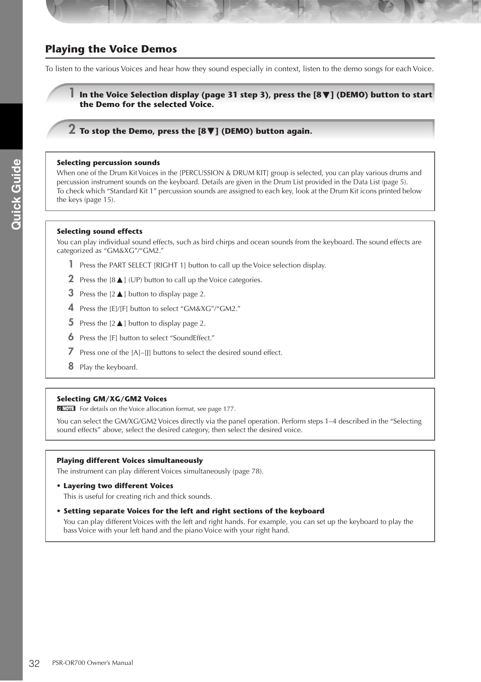 Quic k guide, Playing the voice demos | Yamaha PORTATONE PSR-OR700 User Manual | Page 32 / 196
