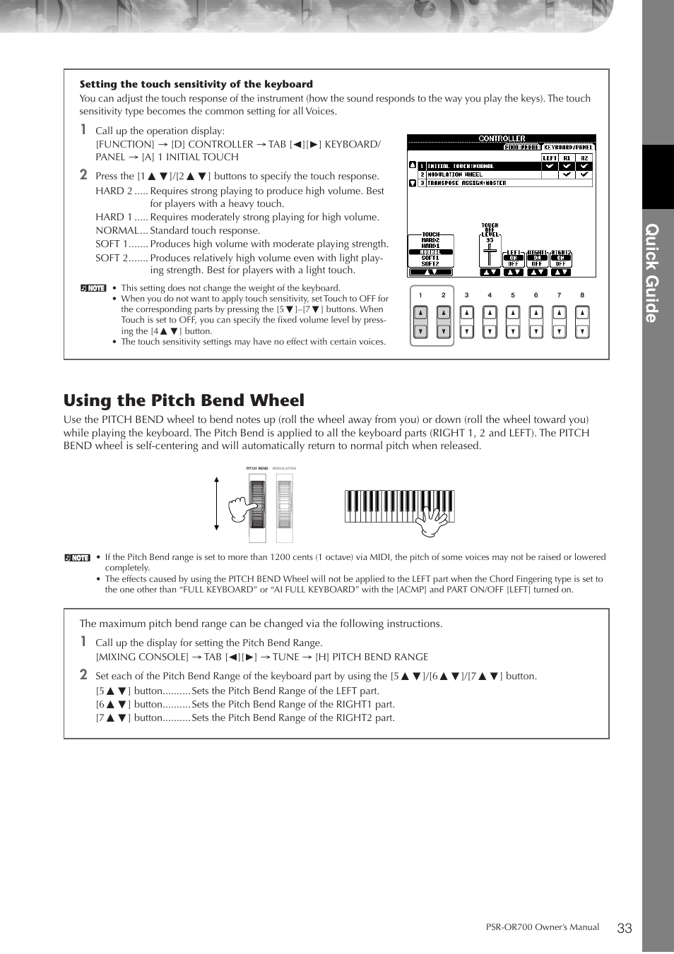 P. 33, Quic k guide, Using the pitch bend wheel | Yamaha PORTATONE PSR-OR700 User Manual | Page 33 / 196