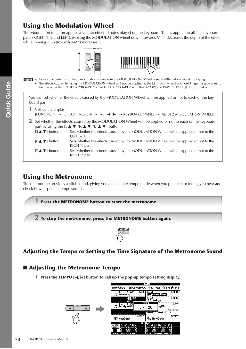 P. 34, Quic k guide, Using the modulation wheel | Using the metronome | Yamaha PORTATONE PSR-OR700 User Manual | Page 34 / 196