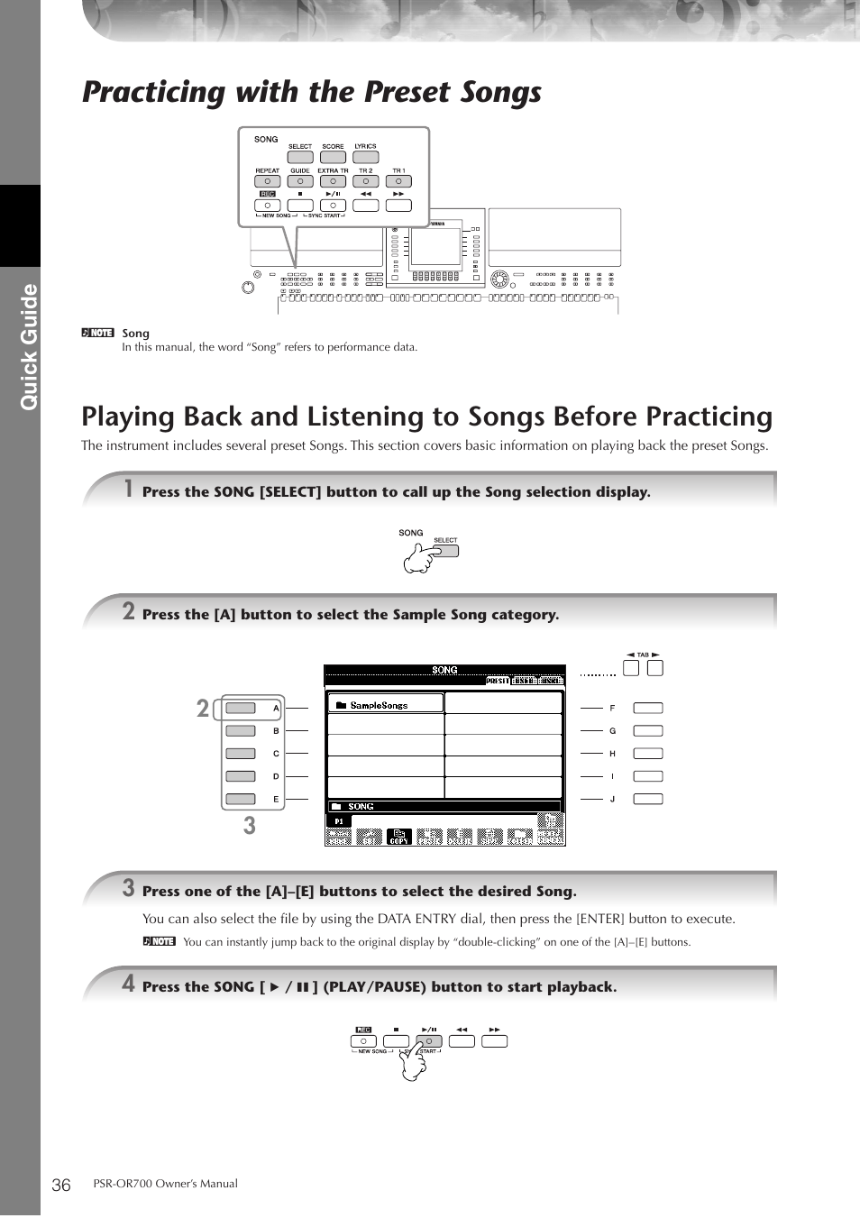 Practicing with the preset songs, P. 36, Quic k guide | Yamaha PORTATONE PSR-OR700 User Manual | Page 36 / 196