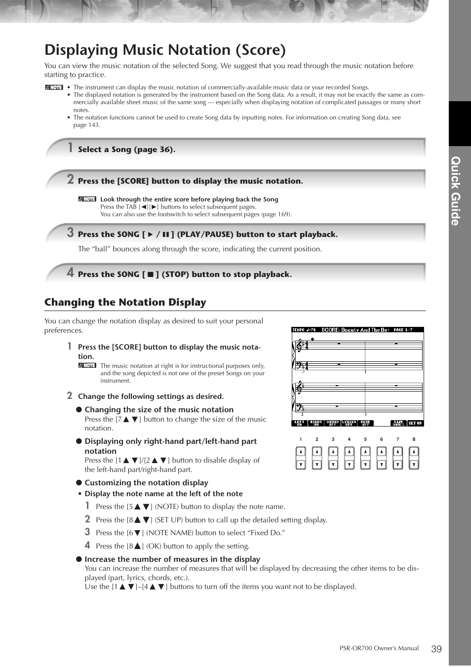 Displaying music notation (score), P. 39, Quic k guide | Changing the notation display | Yamaha PORTATONE PSR-OR700 User Manual | Page 39 / 196