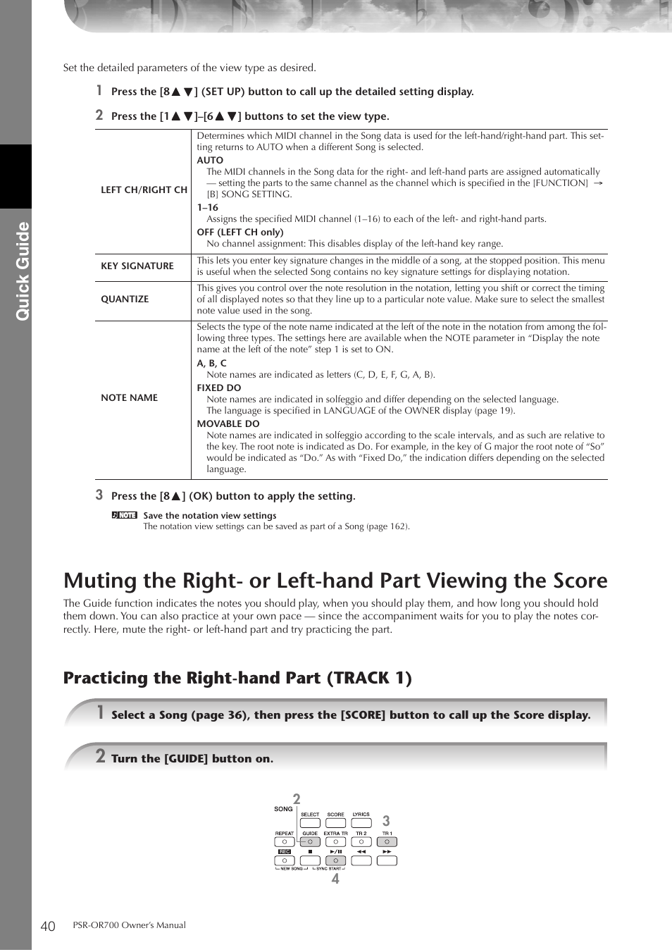 P. 40, Quic k guide, Practicing the right-hand part (track 1) | Yamaha PORTATONE PSR-OR700 User Manual | Page 40 / 196