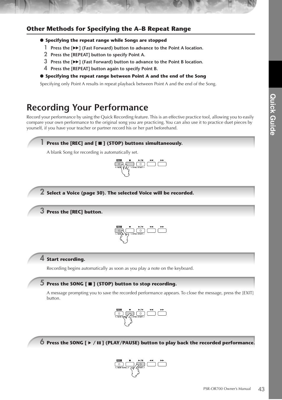 Recording your performance, P. 43, Quic k guide | Yamaha PORTATONE PSR-OR700 User Manual | Page 43 / 196