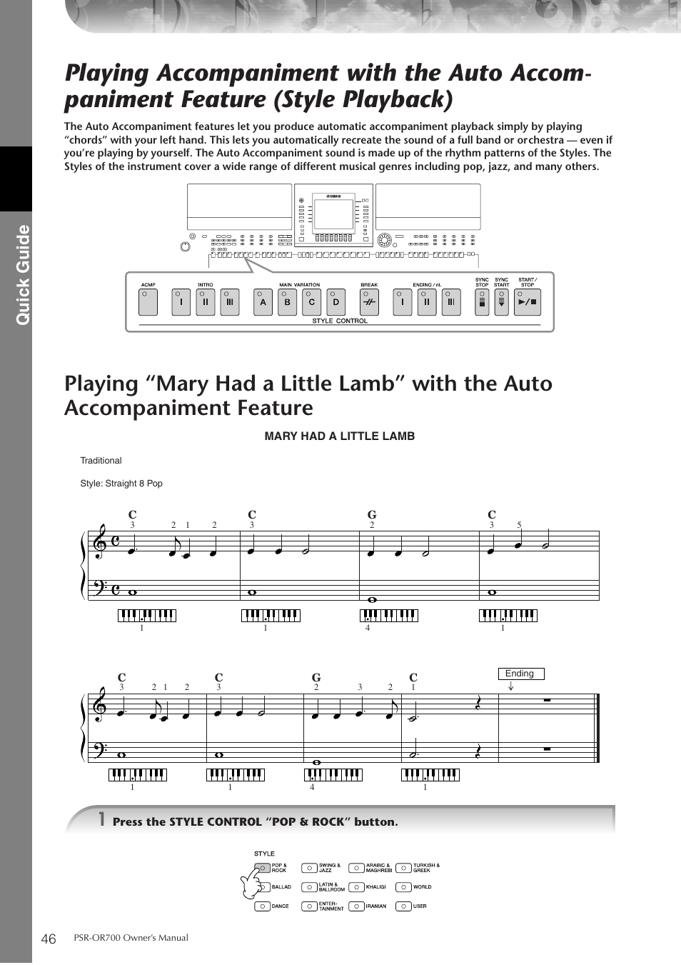 P. 46, Quic k guide | Yamaha PORTATONE PSR-OR700 User Manual | Page 46 / 196