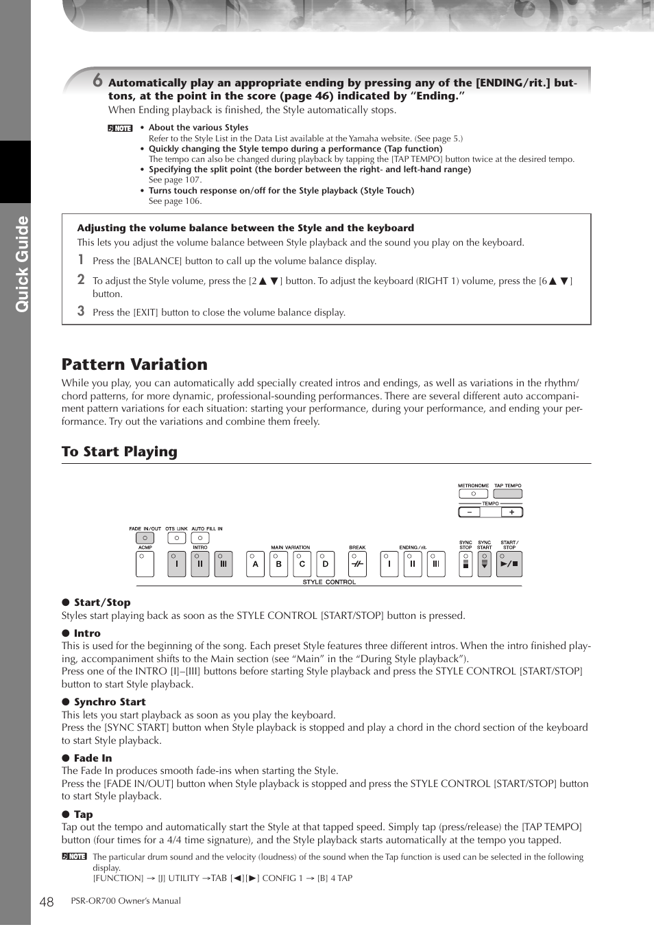 P. 48, Quic k guide, Pattern variation | Yamaha PORTATONE PSR-OR700 User Manual | Page 48 / 196