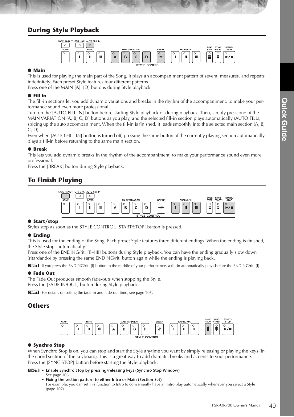 P. 49, Quic k guide, During style playback | Others | Yamaha PORTATONE PSR-OR700 User Manual | Page 49 / 196