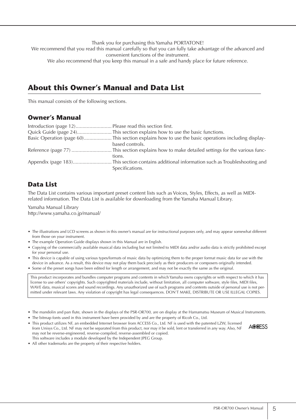 About this owner’s manual and data list, Owner’s manual, Data list | Yamaha PORTATONE PSR-OR700 User Manual | Page 5 / 196