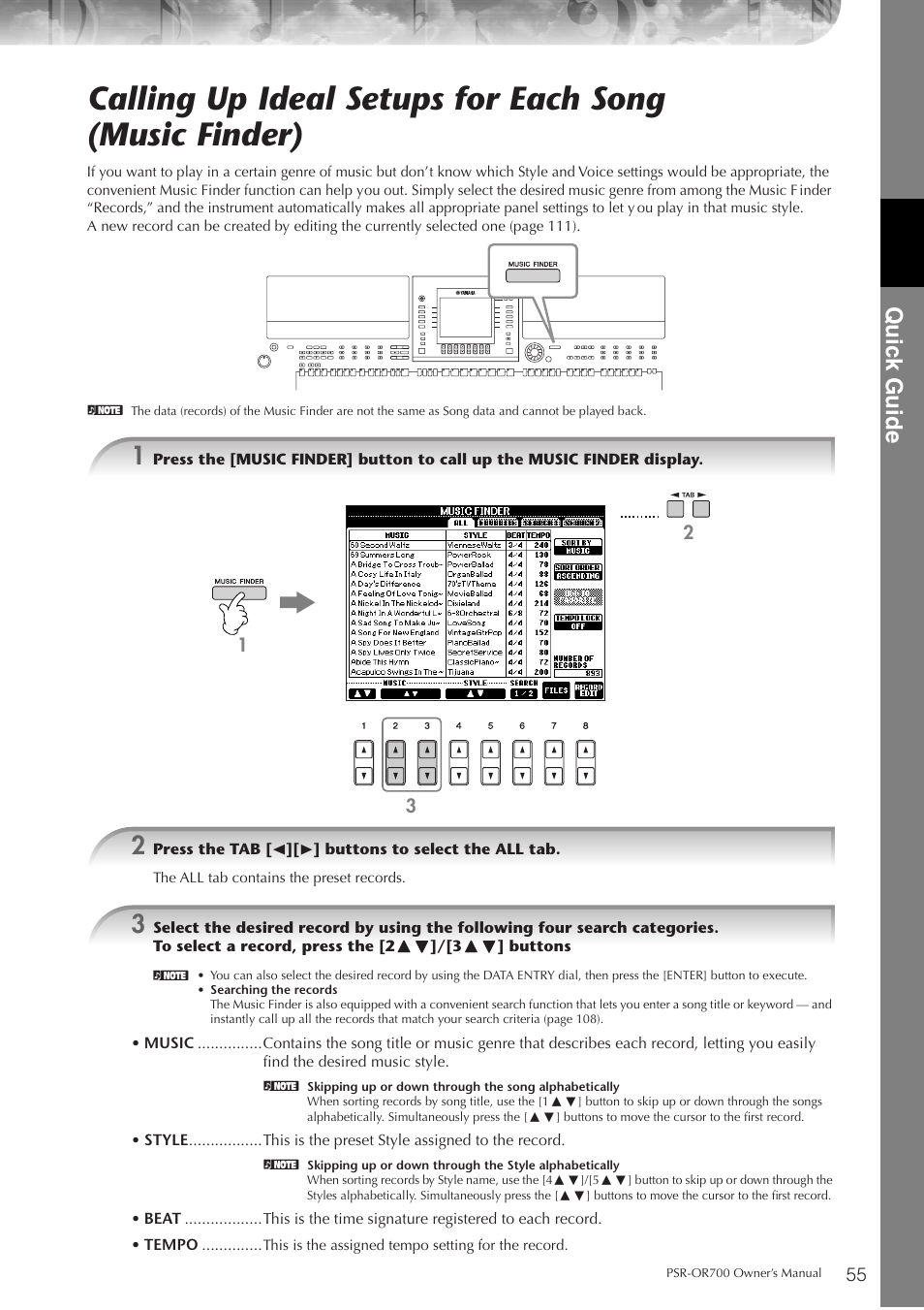P. 55, Quic k guide | Yamaha PORTATONE PSR-OR700 User Manual | Page 55 / 196
